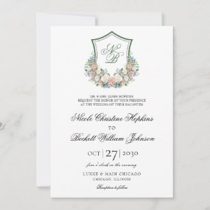 Invitación Boda con Cresta Floral Azul Polvoriento