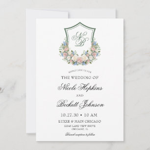 Invitación Boda con Cresta Floral Azul Polvoriento
