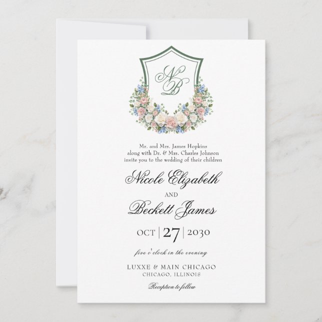 Invitación Boda con Cresta Floral Azul Polvoriento (Anverso)