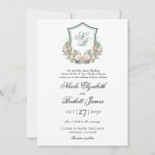Invitación Boda con Cresta Floral Azul Polvoriento