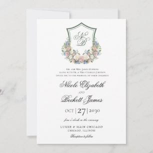 Invitación Boda con Cresta Floral Azul Polvoriento
