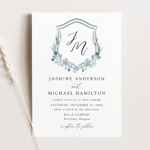 Invitación Boda con Cresta Floral Azul Polvoriento Elegante