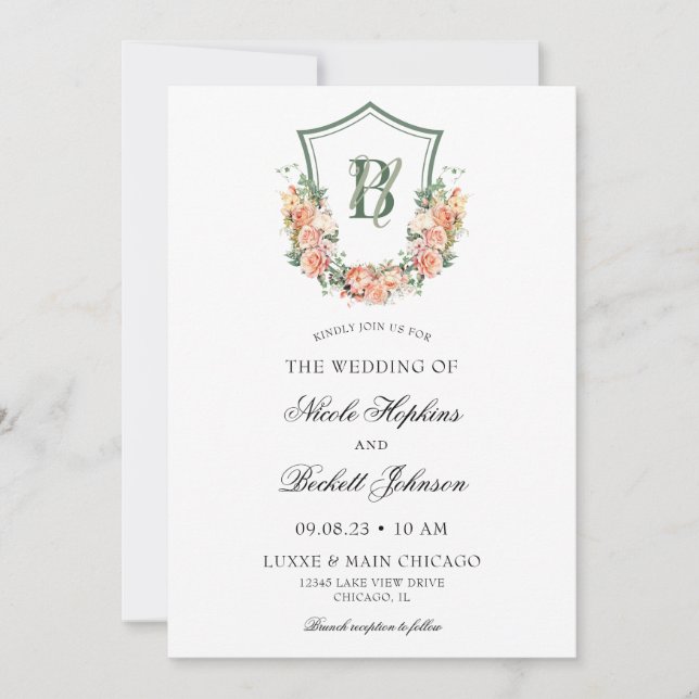 Invitación Boda con Cresta Floral de Melocotón (Anverso)