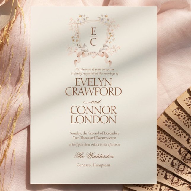 Invitación Boda con Cresta Floral de Rosa Elegante (Elegant Rose Blush Floral Crest Wedding Invitation)