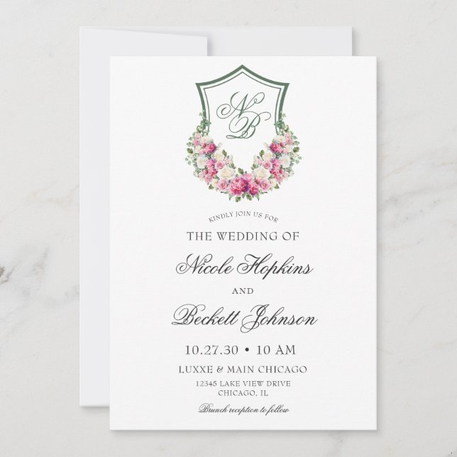 Invitación Boda con Cresta Floral Rosa (Anverso)