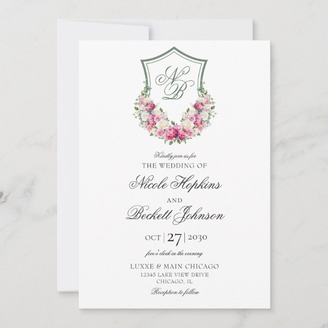 Invitación Boda con Cresta Floral Rosa (Anverso)