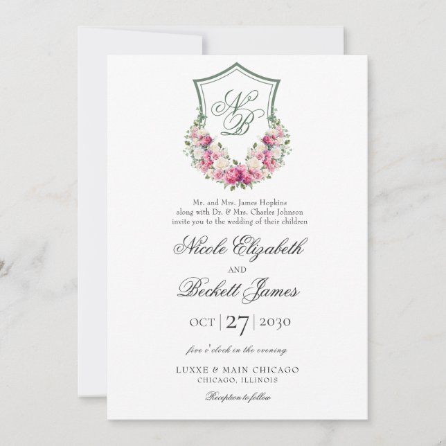 Invitación Boda con Cresta Floral Rosa (Anverso)