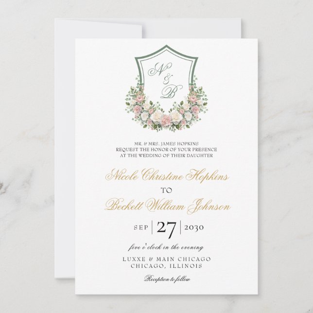 Invitación Boda con Cresta Floral Rosa (Anverso)