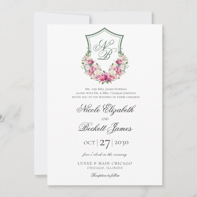Invitación Boda con Cresta Floral Rosa (Anverso)