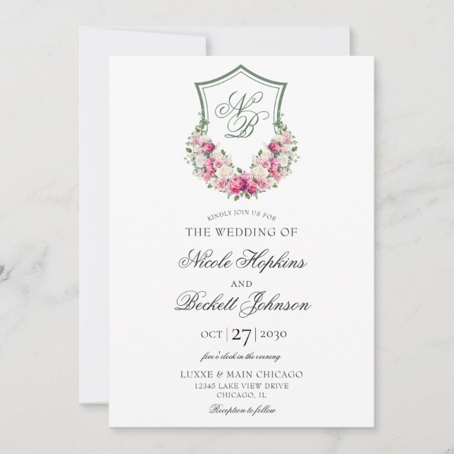 Invitación Boda con Cresta Floral Rosa (Anverso)