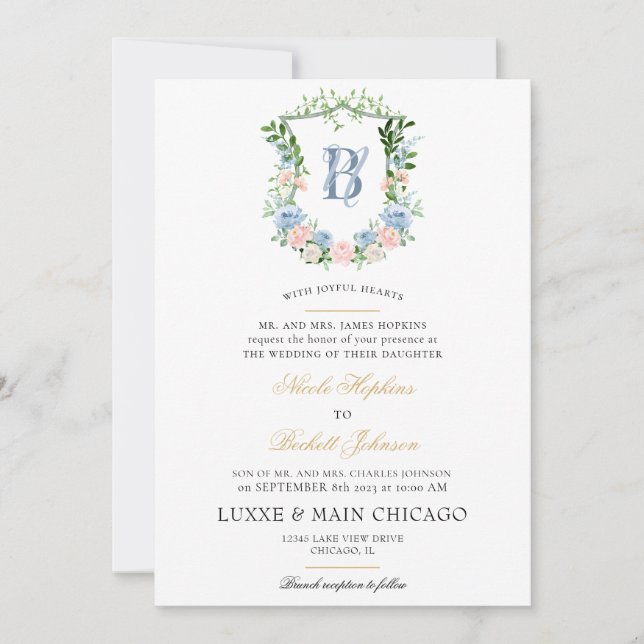 Invitación Boda con Cresta Floral Rosada (Anverso)