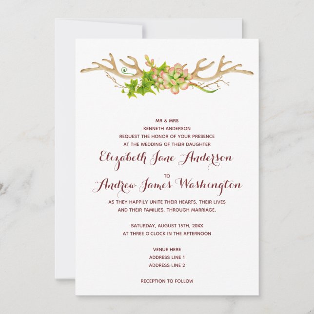 Invitación Boda con Cuerna Rústica y Flores Silvestres de Cla (Anverso)