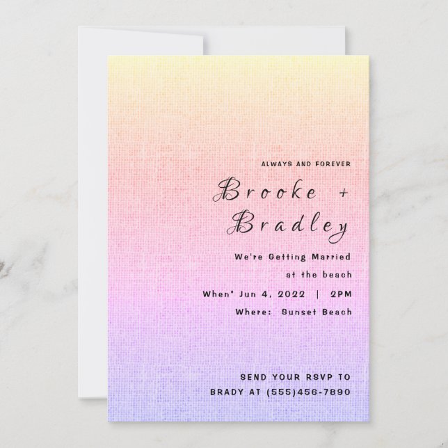 Invitación Boda con degradado de puesta de sol pastel (Anverso)