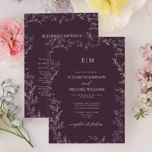 Invitación Boda con detalles de monograma de hoja púrpura ele