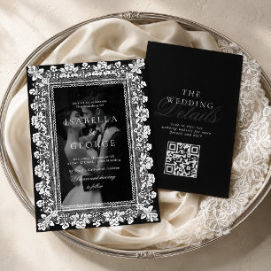 Invitación Boda con dinero antiguo de encaje de foto QR en bl