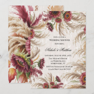Invitación Boda con ducha de Girasoles de Borgoña y hierba de