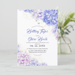 Invitación Boda con Dusty Blush y Hortensias Azules Marino