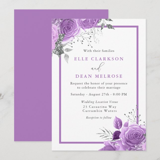 Invitación Boda con elegancia floral de lavanda morada (Anverso / Reverso)