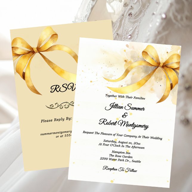 Invitación Boda con elegante acento de cinta dorada (Elegant Gold Ribbon Accent Wedding Invitation)