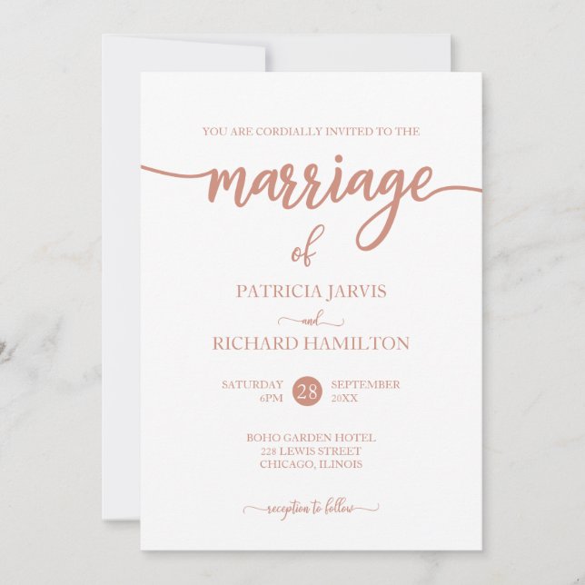 Invitación Boda con elegante guión de oro rosa (Anverso)