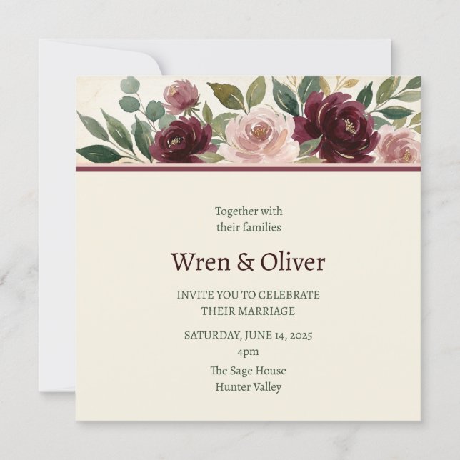 Invitación Boda con encabezado de rosa de Borgoña (Anverso)