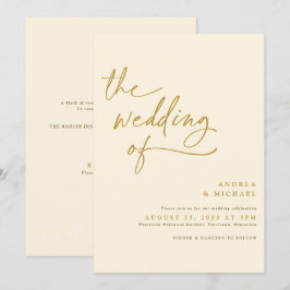 Invitación Boda con escritura a mano moderna en oro y crema