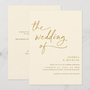Invitación Boda con escritura a mano moderna en oro y crema