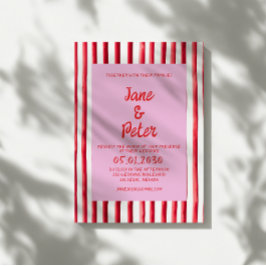 Invitación Boda con escritura a mano rosa y rayas rojas