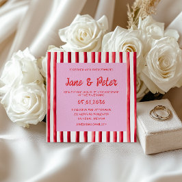Invitación Boda con escritura a mano rosa y rayas rojas