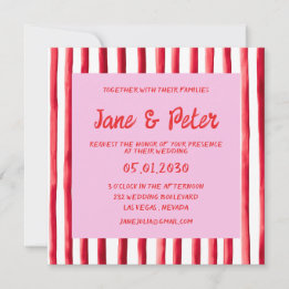 Invitación Boda con escritura a mano rosa y rayas rojas