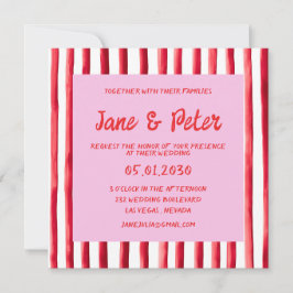 Invitación Boda con escritura a mano rosa y rayas rojas
