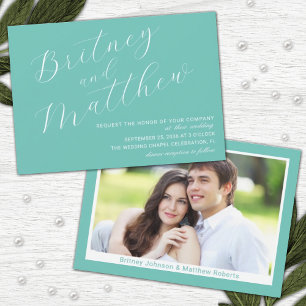 Invitación Boda con escritura elegante minimalista en azul tu