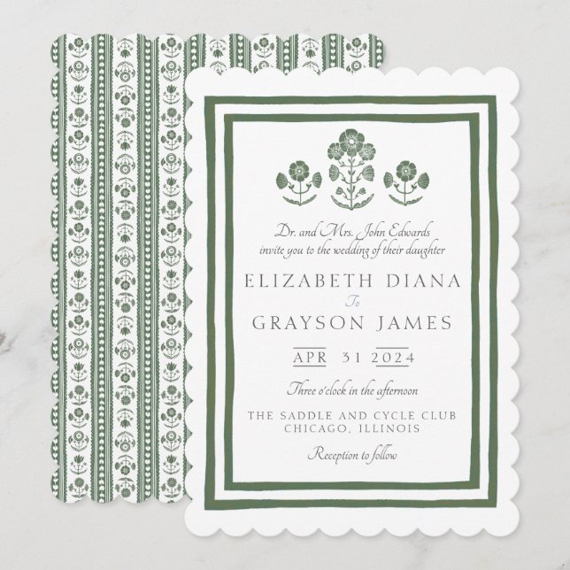 Invitación Boda con estampado botánico verde hierba en bloque (Anverso / Reverso)