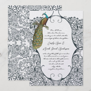 Invitación Boda con estampado de pavo real caprichoso de aves