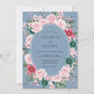 Invitación Boda con estética floral azul polvoriento