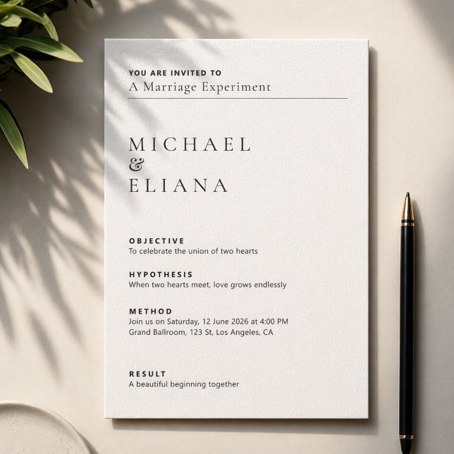 Invitación Boda con estilo de informe de laboratorio minimali (Subido por el creador)