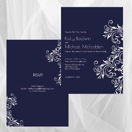 Invitación Boda con Estilo Elegante de Azul Marino y Blanco