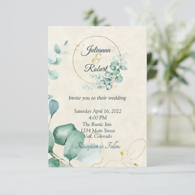 Invitación Boda con eucalipto y oro con presupuesto (Anverso de pie)