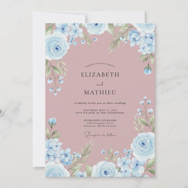 Invitación Boda con Explosión Floral Azul Celeste (Anverso)