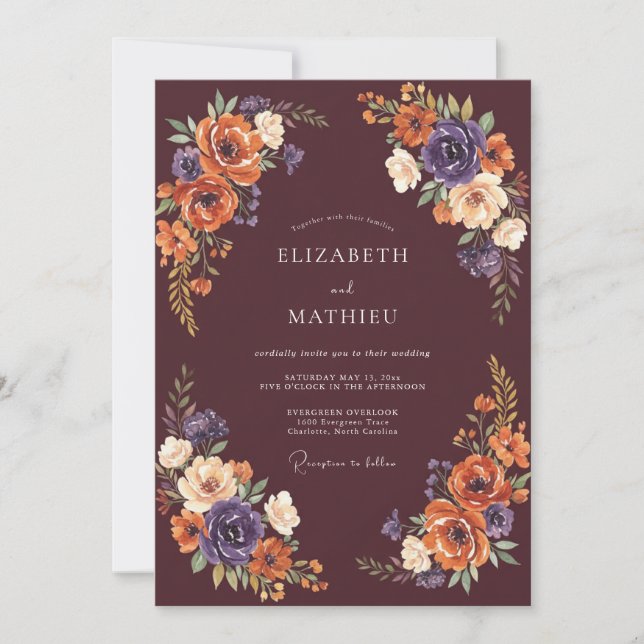 Invitación Boda con Explosión Otoñal Borgoña (Anverso)