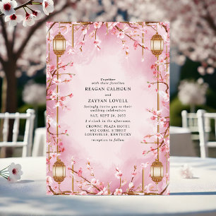 Invitación Boda con farolillo de flor de cerezo rosa