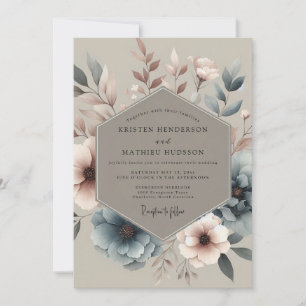 Invitación Boda con Flor Azul Polvoriento Silenciada
