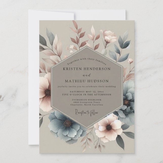 Invitación Boda con Flor Azul Polvoriento Silenciada (Anverso)