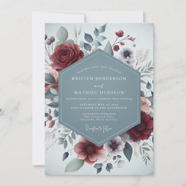 Invitación Boda con Flor Burgundy Etérea (Anverso)