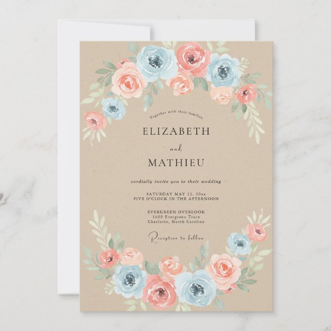 Invitación Boda con Flor de Azulejo y Melocotón Pintado (Anverso)