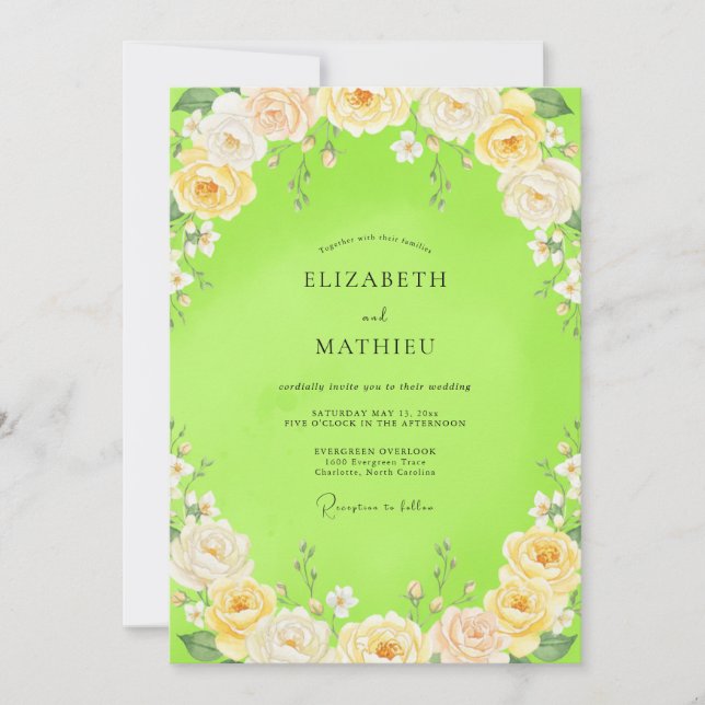 Invitación Boda con Flor de Pintura Chartreuse (Anverso)