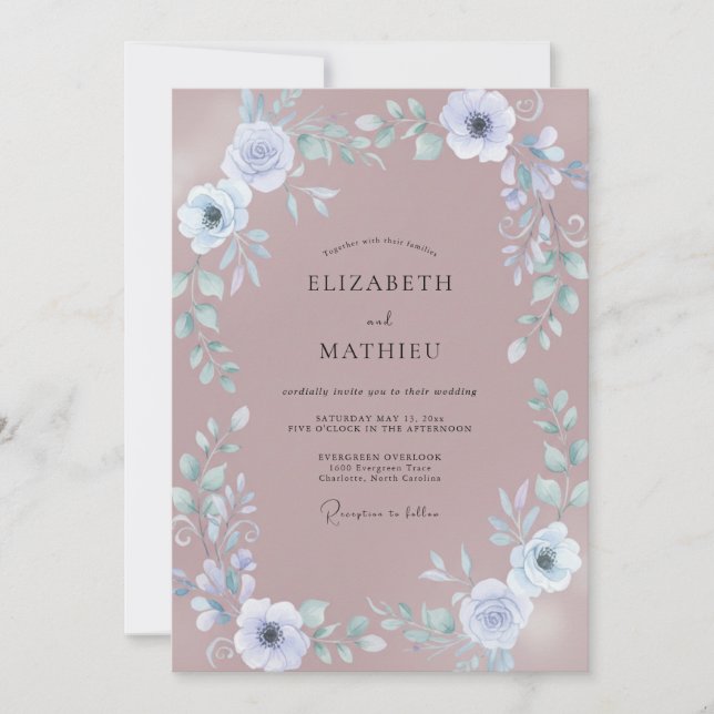 Invitación Boda con Flor de Rosa Suave Polvorienta (Anverso)