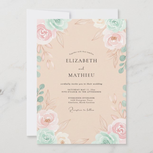 Invitación Boda con Flor de Salvia Rosa Polvorienta (Anverso)