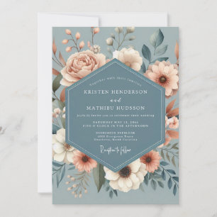 Invitación Boda con Flora de Melocotón Azul Polvoriento