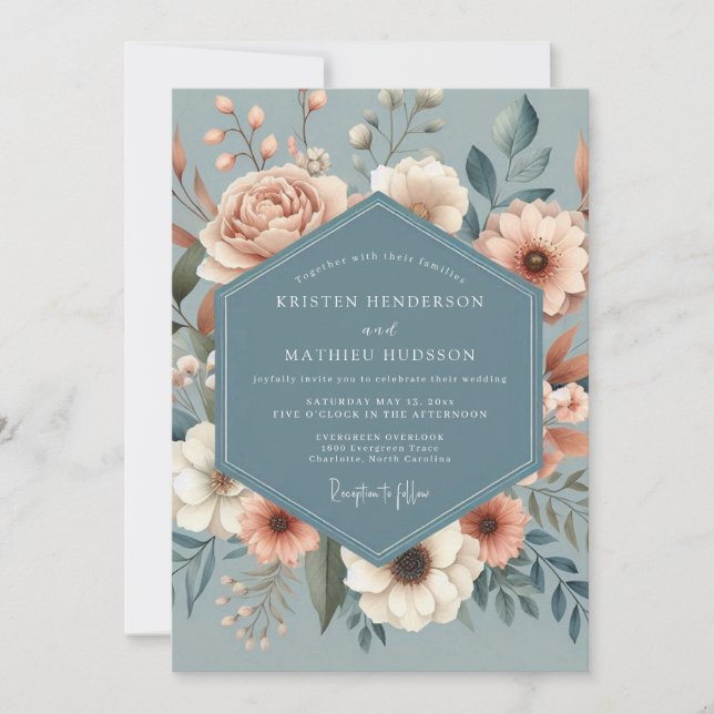 Invitación Boda con Flora de Melocotón Azul Polvoriento (Anverso)